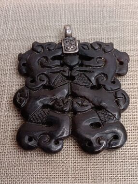 Carved Black Jade Dragon Pendant with Sterling Silver Bail